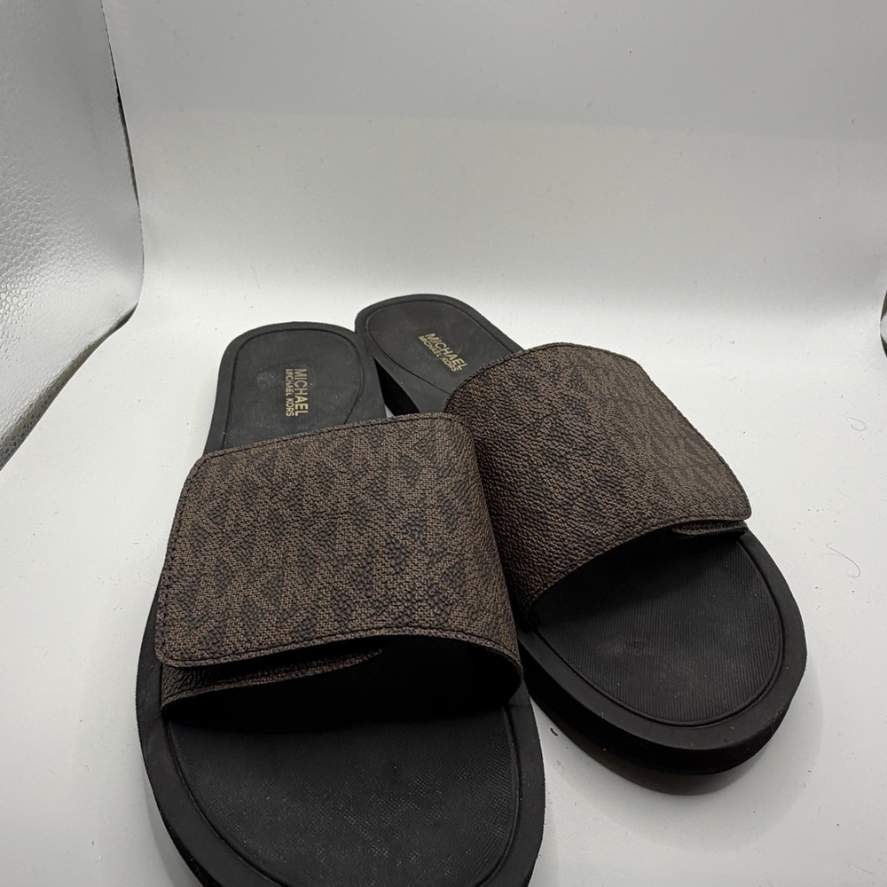 Michael Kors MK Logo Eva Womens Slide Sandals Brown 8 MSRP $99